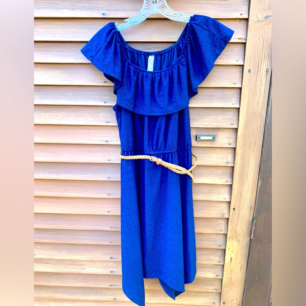 Justice Navy Blue Off-Shoulder sleeveless Dress eyelet with brown Belt girls 18